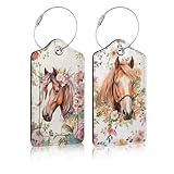 Luggage Tag for Suitcases 2 pcs, Watercolor Horse Floral PU Leather Luggage Tag with Privacy Cover ID Label for Women Men Travel