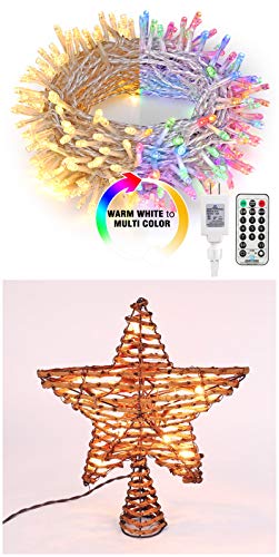 Brizled 65.67ft 200 LED Color Changing Christmas Lights, 11-Function Warm White & Multicolor , Connectable with Remote + 12-inch Rattan Star Christmas Tree Topper with 10 Warm White Lights