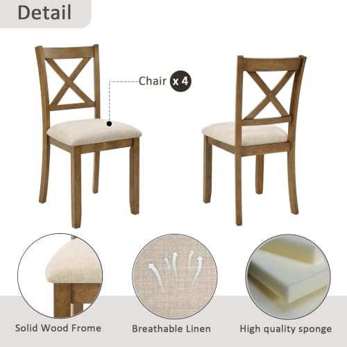 Image of Harper & Bright Designs 5-Piece Oak Dining Set - Square Table + 4 Upholstered X-Back Chairs,Solid Rubberwood Frame,Space-Saving, Holds 330 Lbs Each
