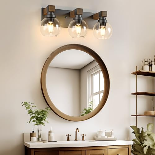 Image of LmnLvn Farmhouse 3-Light Bathroom Vanity Light, Wood & Metal Glass Shade
