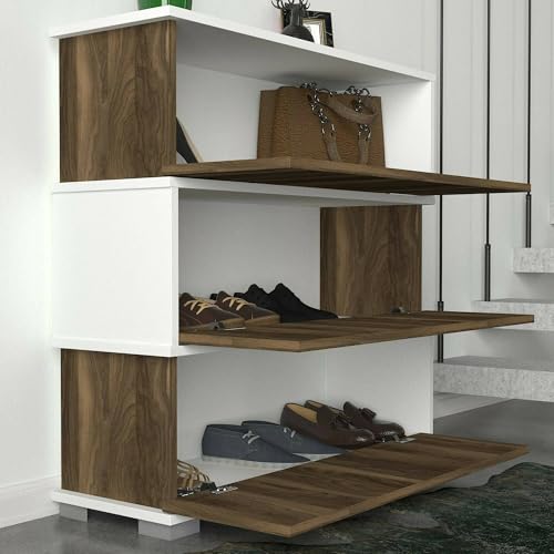Armoire à chaussures 90 cm rangement entrée blanc et noyer