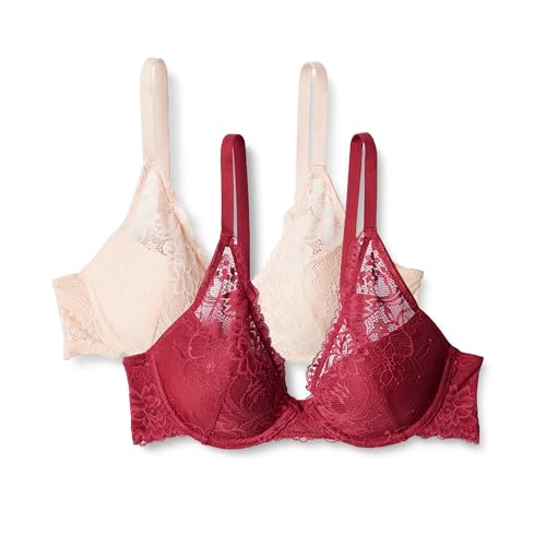 Amazon Essentials Womens Stretch Galloon Lace Lined Wired Deep Plunge Bra Soft Petal/Burgundy 32B
