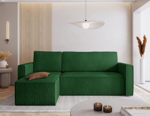 Easy4You MIMIR L Shaped Universal Corner Sofa Bed Bottle green Corduroy Poso 14 – 235x80x145 cm – Sleeping Function 130x200 cm – Day Bed