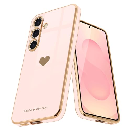 Teageo for Samsung Galaxy S25 5G Case for Women Girl Cute Love-Heart Luxury Bling Soft Back Cover Full Camera Protection Silicone Shockproof Phone Case for Galaxy S25 5G, Light Pink