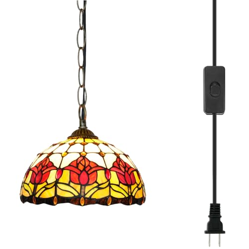 Lámparas colgantes Tiffany con tulipanes rojos Lámparas colgantes de cristal tintado de Lámparas enchufables de estilo antiguo para el hogar Isla de cocina Comedor Sala de estar Pasillo Mostrador Bar