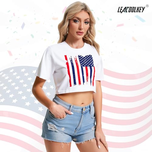 LEACOOLKEY Women's Patriotic Casual Tee Shirts American Flag Graphic Crop Tops — view 4