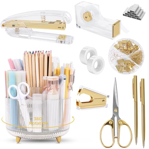 SKYDUE Gold Office Supplies Set, Pencil Holder for Desk,Gel Pen, Stapler, Tape Dispenser, Scissors,Clips and 1000pcs Staples, Office Decor for Women, Gold Desk Accessories