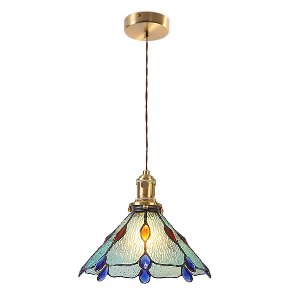 Suspension LED en verre vitrail E27 lustre vintage en laiton pour îlot de cuisine 24cm