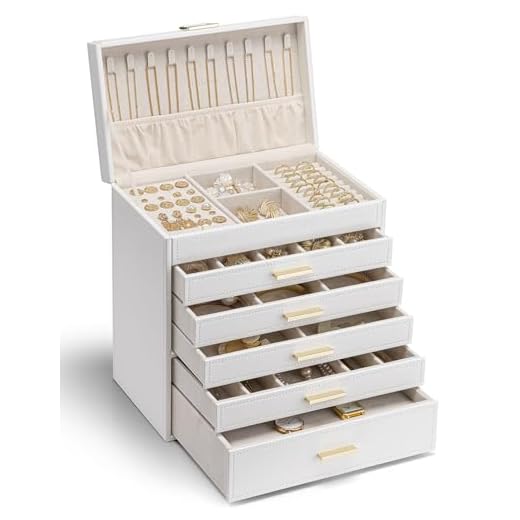 Vlando Schmuckkasten Schmuckschatulle Schmuckkästchen-Groß Schmuckbox-Damen, mit 6 Ebenen Schubladen aus Faux Leder für Ohrringe Ketten Schmuck Organizers Weiß