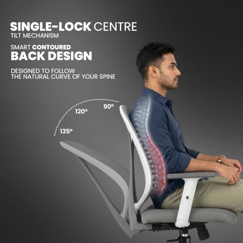 Image of Kepler Brooks Pulse Office Chair for Work | 3-Year Warranty | Ergonomic Office Chair, Study Chair for Home, 1D Arms, Single Lock Recliner, Heavy Duty Nylon Base (White Grey)