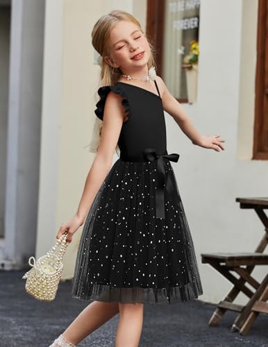 Arshiner Girls Dresses Summer One Shoulder Ruffle Sleeveless Formal Fancy Party Birthday Tulle Dress with Belted3