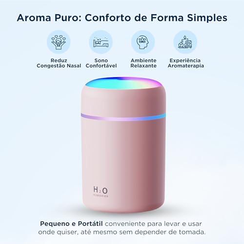 Umidificador de Ar Portátil 300ml | Mini Umidificador USB para Carro e Quarto | Silencioso com LED |