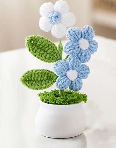 Image of VRB DecTM 1 Pcs Crochet Flowers Artificial Daisy for Office Desk Car Dashboard Decor,Home Decoration, Office, Bedroom, Christmas Decor, Wedding,Diwali (Triple Blue Daisy with Pot)