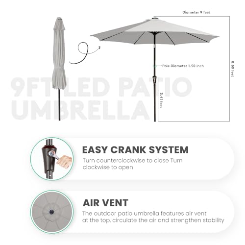 Image of JEAREY 9FT Outdoor Patio Umbrella with Solar Lights, LED Lighted Pool Umbrella with Tilt and Crank, Outdoor Table Umbrellas for Deck, Yard & Market (Light Grey)