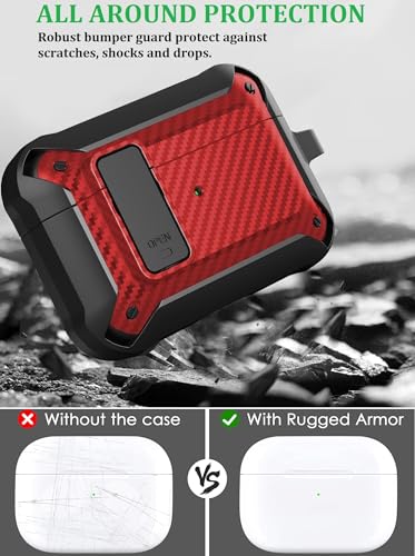 Image of Olytop for Airpods Pro 3 Case with Lock Clip, Rugged Apple Airpods Pro 3rd Generation Cover 2025 Men Women, Armor Shockproof iPod Pro3 Gen Protective Hard Shell with Carabiner&Cleaner kit,CF Black /Red
