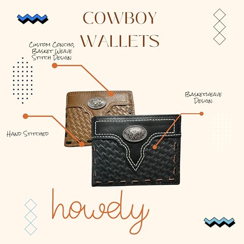 Western Long Leather Wallet for Men – Basketweave Tooled with Stitched Inlay and Rooster Concho – Rodeo Style Bifold Wallet4