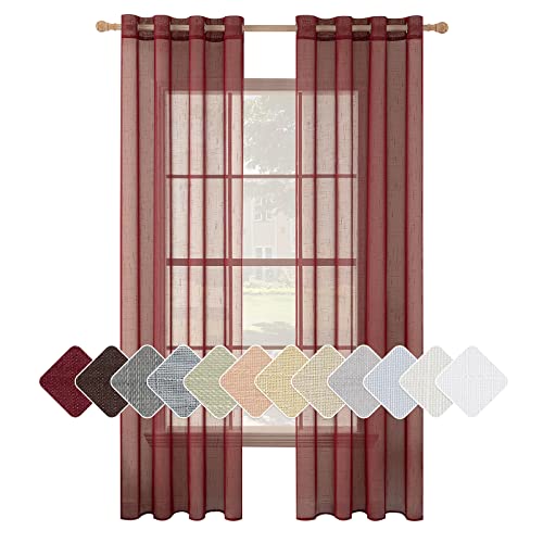 MIULEE 2 Panels Voile Curtains Sheer Cross Linen-like Solid Color Contemporary Decorative Ring Top Eyelet Panels for Bedroom Livingroom Nursery Room 55" Wx96 L Red - Image 2