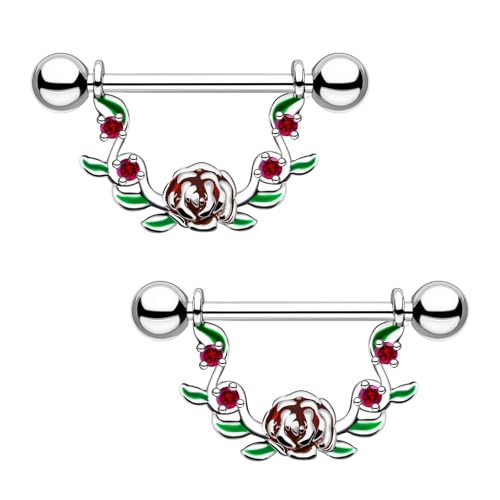 CHARMONLINE 2pcs 14G Nipple Rings Flower Nipple Bars Surgial Steel 316L Nipple Piercing Jewelry Heart Nipple Barbell for Women