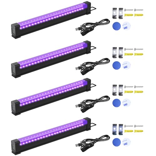 Rechargeable Black Light Bar 5W 1FT, Battery Powered LED Black Light for Glow Party Body Paint UV Strip Lights for Halloween Decorations for Cabinet and Display Magnetic (4 Pack)