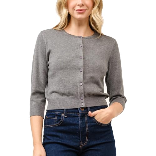 Image of Women's Cropped Cardigan 3 /4 Sleeve Crewneck Button Up Sweater Knit Top (S~XL)