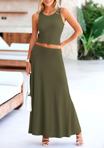 PRETTYGARDEN Women's 2 Piece Maxi Skirt Sets Casual Summer Knit Cropped Tank Top High Waisted Long Skirts Outfit4