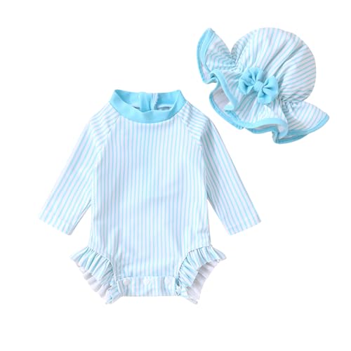 Image of Infant Baby Girl Swimsuit One-Piece Long Sleeve Rash Guard with Hat Set Floral Zipper Bathing Suit Leopard Beach Wear