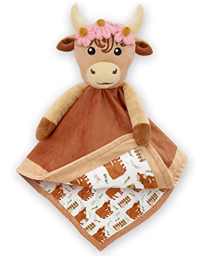 Image of Floral Highland Cow Baby Animal Security Blanket Unisex Baby Snuggly Scotland Herd Animal Face Soft Bedding Plush Kids Baby Lovey Nursery Décor Gift Ideas