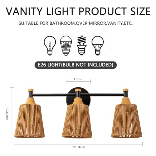 Image of 3-Light Farmhouse Bathroom Light Fixtures, Boho Vanity Lights Over Mirror | Handwoven Rattan Wicker Lampshade, Rustic Lighting for Bedroom Kitchen Hallway Restroom Bathroom