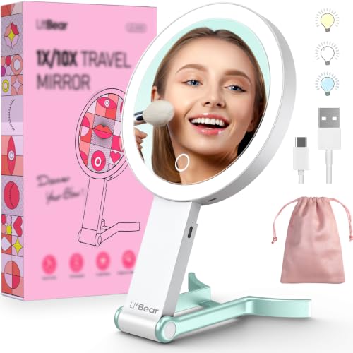 Image of LitBear Travel Makeup Mirror with Light, Rechargeable Double-Sided 10X /1X Magnifying Mirror, Portable Lighted Beauty Mirror, 3 Color Lighting, Dimmable Touch Screen, Tabletop Handhold Hanging (Green)