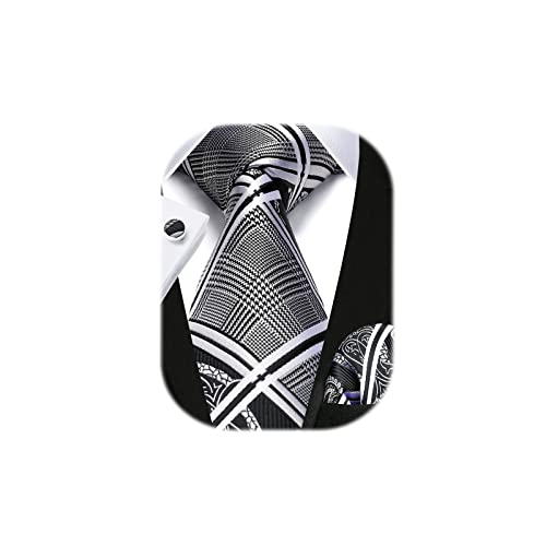 Image of HISDERN Mens Ties Set Stripe Plaid Ties for Men and Pocket Square Cufflinks Formal Silk Necktie Wedding Business
