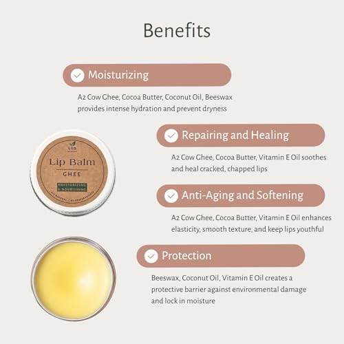 Image of Ghee Lip Balm for Dry, Chapped & Pigmented Lips | A2 Cow Ghee, Cocoa Butter, Coconut Oil & Vitamin E | Deep Nourishment for Cracked & Damaged Lips | All-Natural, Ayurvedic and Chemical Free | 10 g | Pack of 1