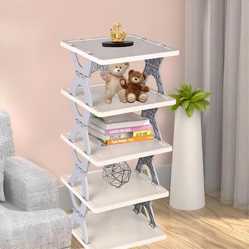 Image of Zureni Stackable Shoe Rack 5-Tier Foldable and Adjustable Footwear Organizer Portable & Expandable Storage Shelf for Home Slippers & Sandals (Pack of 1, White)