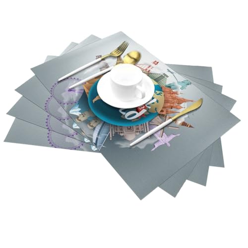 Xiso Ver Travel Around The World Placemats Set of 6 Washable Indoor & Outdoor Place Mats for Dining Table Durable Non-Slip Heat Resistant PVC Weave Table Mats