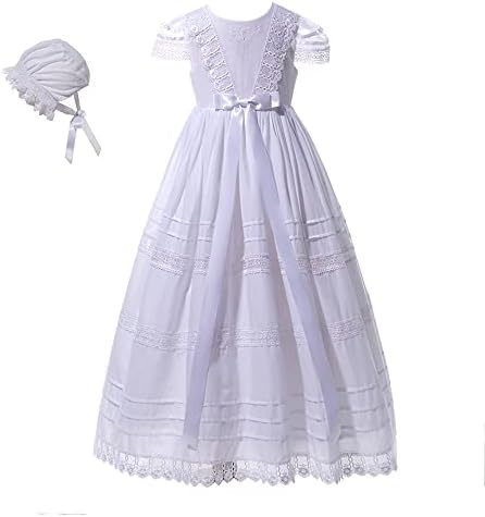 NIUBAO Baby Girls Lace Baptism Delicate Cotton Christening Gown with Hat for 0-15 Months (NJG22030XS-NB)