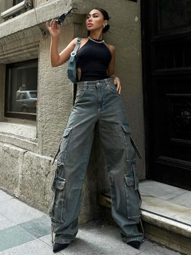 Jeans Pants Trousers Denim Street Retro Pocket Splicing Work Pants Straight Tube Drop Feel Wide Leg Casual Jeans for Women3