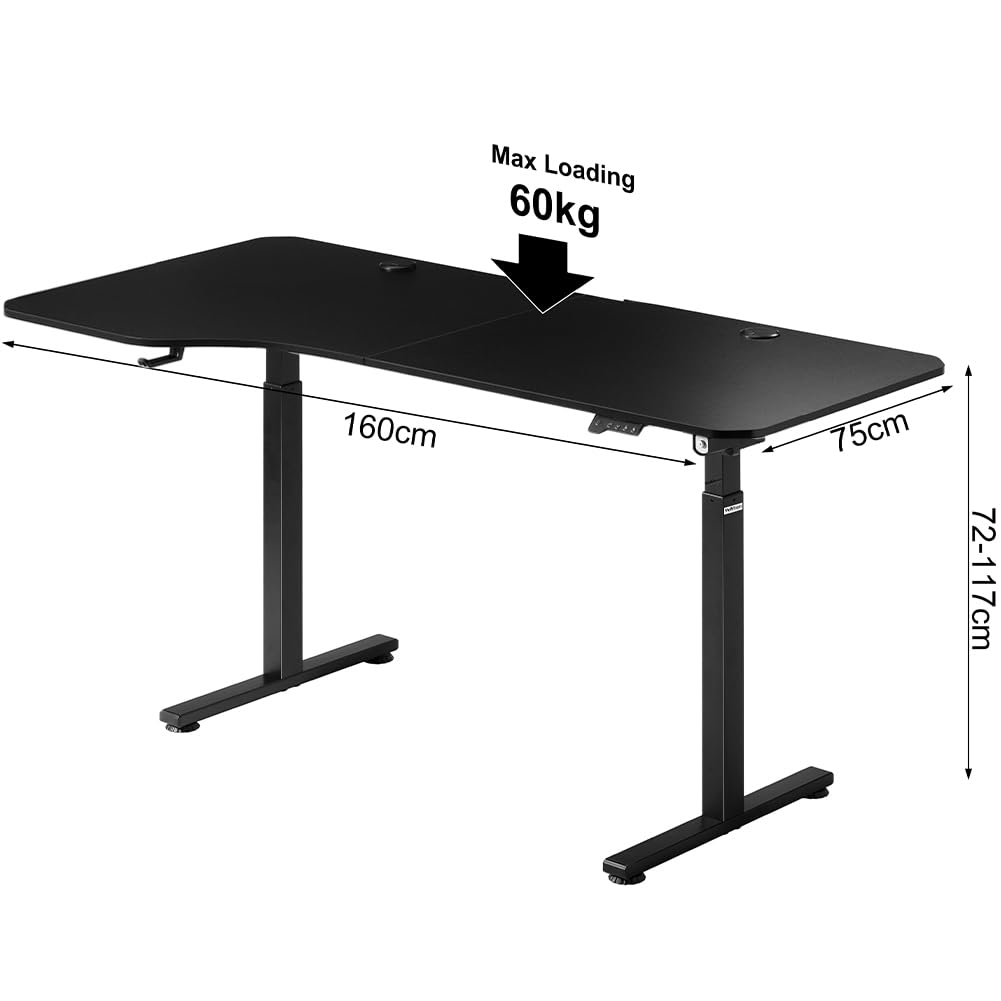 Shally Dogan Scrivania Elettrica Regolabile in Altezza, Tavolo Motorizzato Alzabile con Console di Comando e Tasti di Regolazione, Gancio Supporto Cuffie, Standing Desk (Nero, 160 x 75 x 72-117 cm)