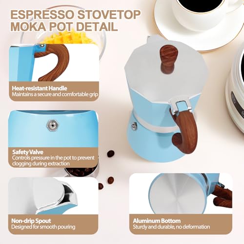Image of Aluminum 3 Cup 150ml Moka Pot Express Coffee Maker Stovetop Espresso Colorful Coffeemaker Italian Classic Style Brewing Greca Cafe Mocha Machine for Cafeteras Lover Camping Travel and Home Use 5oz