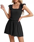 ROYLAMP Women's Summer Casual Sleeveless Romper Smocked Square Neck Ruffle Backless Swing Straps Flowy Elegant Short Jumpsuit Beach Outfits with Pockets Black M