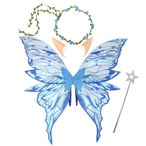 Snycler Fairy Wings for Adults Fairy Costume Set with Floral Garland Wand & Elf Ears Butterfly Wings Ideal for Cosplay Party Blue