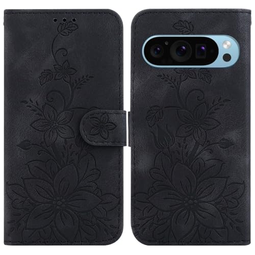 Étui Google Pixel 9 Pro XL noir portefeuille cuir anti-rayures fleurs