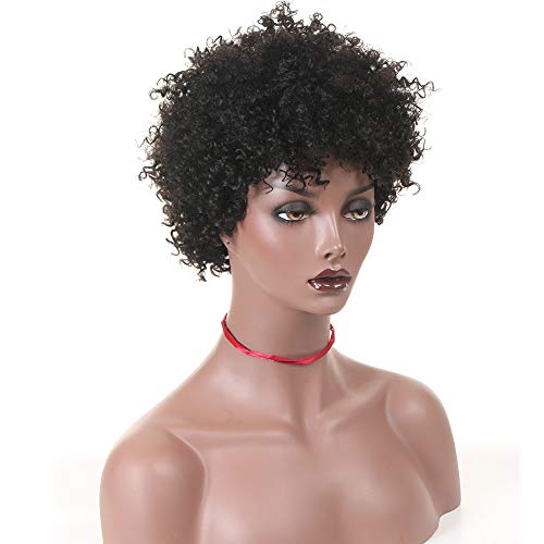 Brazilian Fluffy Tight Curls Wig Short Cut Kinky Human Hair No Lace Wig for Black Women, 6" Afro Kinky Curly Unprocessed Remy Human Hair Wig Jerry Curl (6“ Short Afro Wig,1B#) …