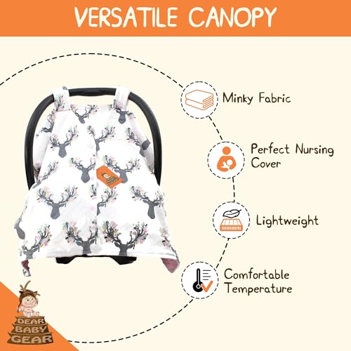 Image of Dear Baby Gear - 40x30 Car Seat Canopy, Infant Carrier Cover for Boys & Girls, Cozy Fall, Nursing & Stroller Use, Newborn Travel Sunshade Accessory, Antler & Flower, Pink Dot