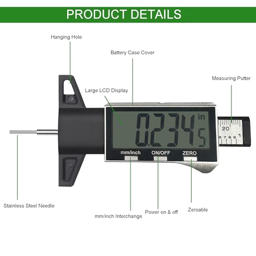 Image of Digital Tire Tread Depth Gauge Large LCD Screen, with 2 Modes: Decimal Inch and Millimeter, Tire Tread Depth Measuring Tool 0-1 Inch, Easy to Read Tread Depth Gauge for Cars, SUV, Motorcycles (White)