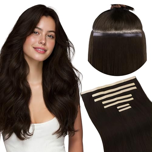 Image of GOO GOO Tape In Weft Hair Extensions Human Hair, 2 Dark Brown, 8cm Wide Tape, 18inch 7pcs 110g, Tape Weft Hair Extensions, Seamless Tape in