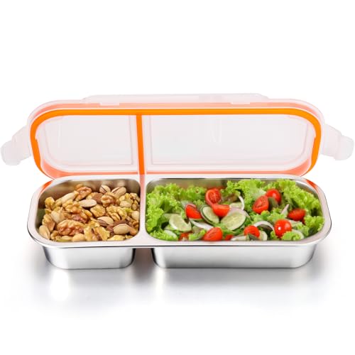 Image of Palksky Stainless Steel Snack Containers, Reusable Condiment Box with Lids, Double Compartment Sauce Cups, Divided Food Storage Containers for School, Home, Travel