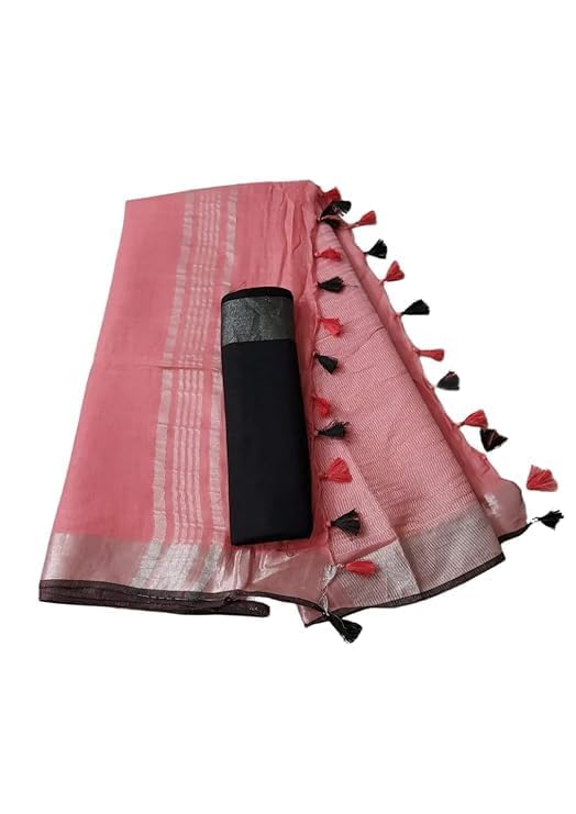 Image of STB-SILK TEXTILES BHAGALPUR Women's Linen Slub Saree With Contrast Blouse Piece