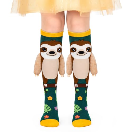 FunisFun Crazy Socks for Kids Girls Knee High Sloth Animal Socks Ideal Sloth Gifts for Girls Teens Women Birthday (US Alpha One Size Regular Green&Yellow)