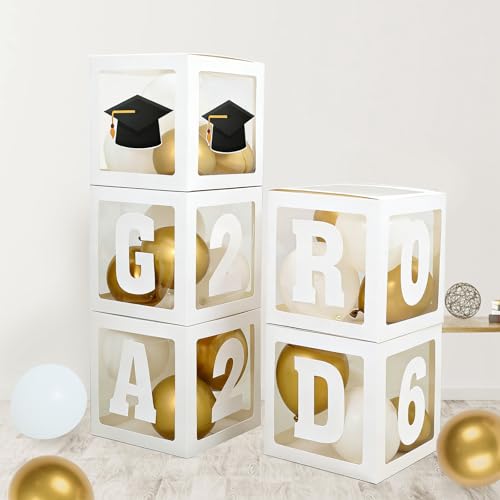 Graduation Decorations 2026, 5pcs Graduation Party White Balloon Boxes with Letters GRAD&Numbers for Class of 2026 Preschool Kindergarten High School College Grad Party Celebration Supplies by Frigg - Used condition - US$16.52
