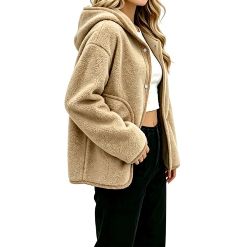 Fuzzy Fleece Jacket Women Button Down Hood Sherpa Jacket Fall Winter Coats - image 2