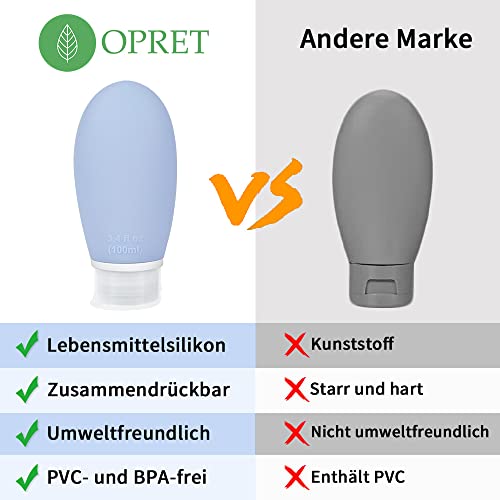 Opret 100ml Silikon Reiseflaschen Set, 3 Stück Auslaufsicher Nachfüllbare Portable Reise Container für Shampoo Creme Spülung, BPA-frei und TSA-geprüft